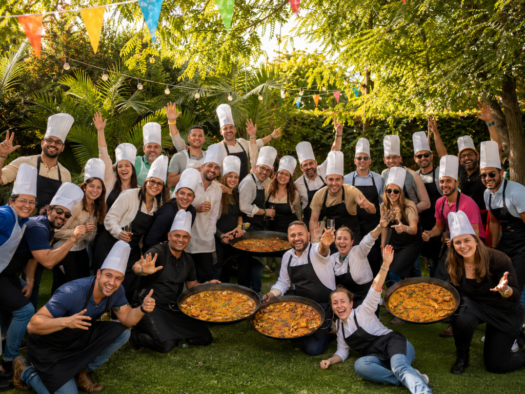 Equipo participando en MasterChef Paella para empresas en Madrid