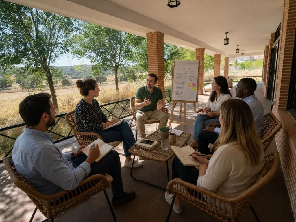 Participantes colaborando de Retiro de empresa en Madrid